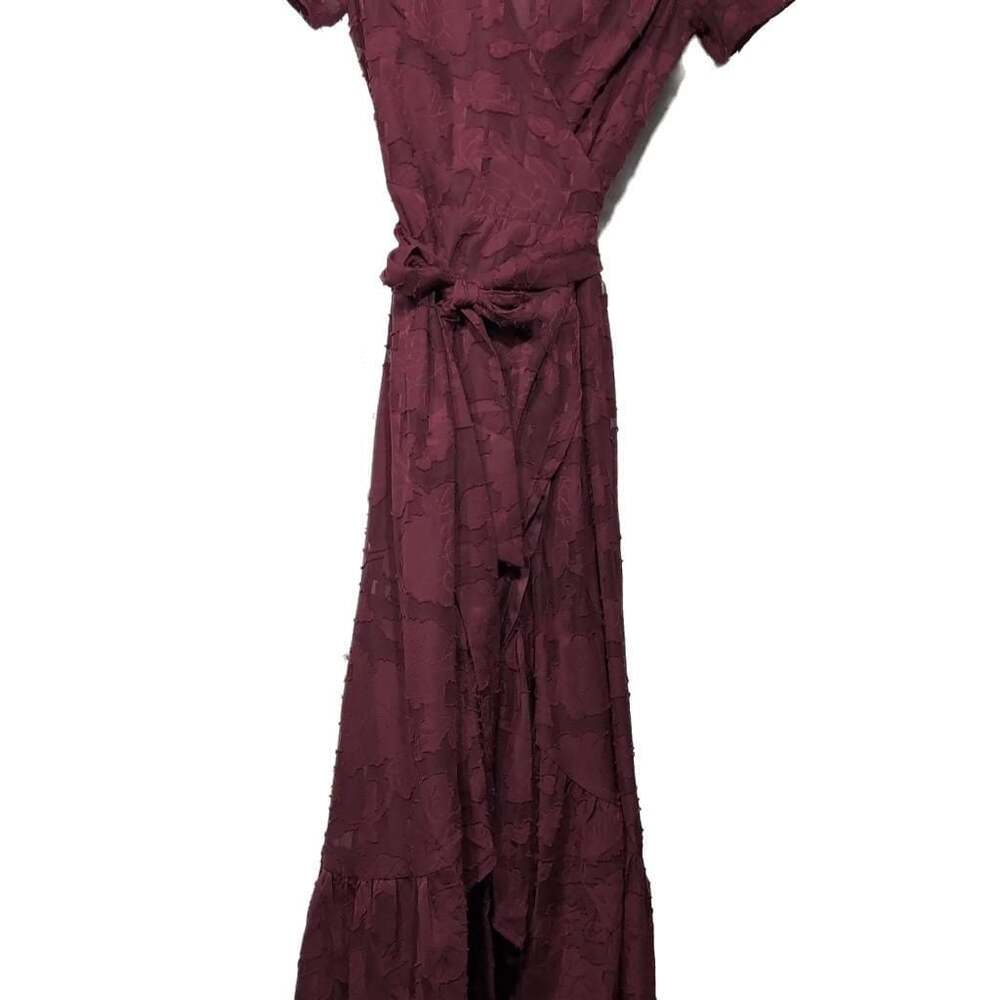 Lulus Blissfully Burgundy Jacquard Wrap Dress - Picture 2 of 5